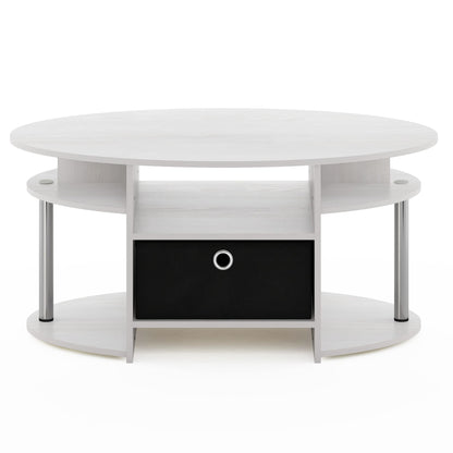 Furinno Jaya Simple Design Oval Coffee Table with Bin for Living Room, White Oak/Chrome/Black