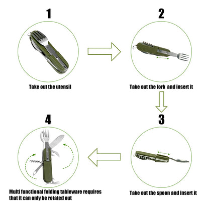 EZYoutdoor 7-in-1 Camping Utensils - Portable Stainless Steel Camping Fork Spoon Knife Set for Hiking, Picnics Outdoor Enthusiasts, and Travel - Essential Survival Utensil Tool Kit