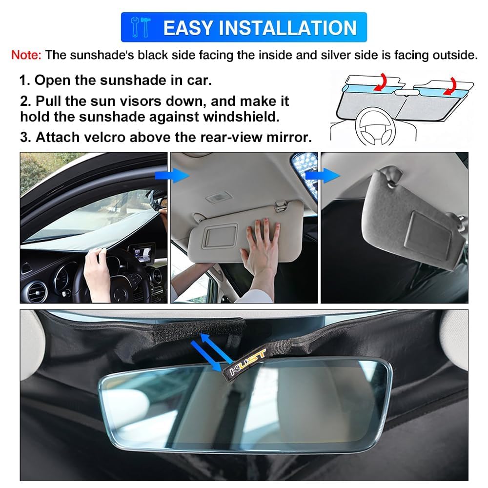 KUST Windshield Sun Shade for 2017-2026 Tesla Model Y/3 (Fit 2025-2026 Model Y Juniper/2024 Model 3 Highland) Upgraded Foldable Sunshade, Window Sun Visor Protector, Blocks UV Rays Keep Your Car Cool