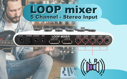 Maker Hart LOOP MIXER - Portable Audio Mixer with 5 Channel stereo inputs, 3 Outputs via 3.5mm jack. Including a Mono to Stereo DM2S Adapter.