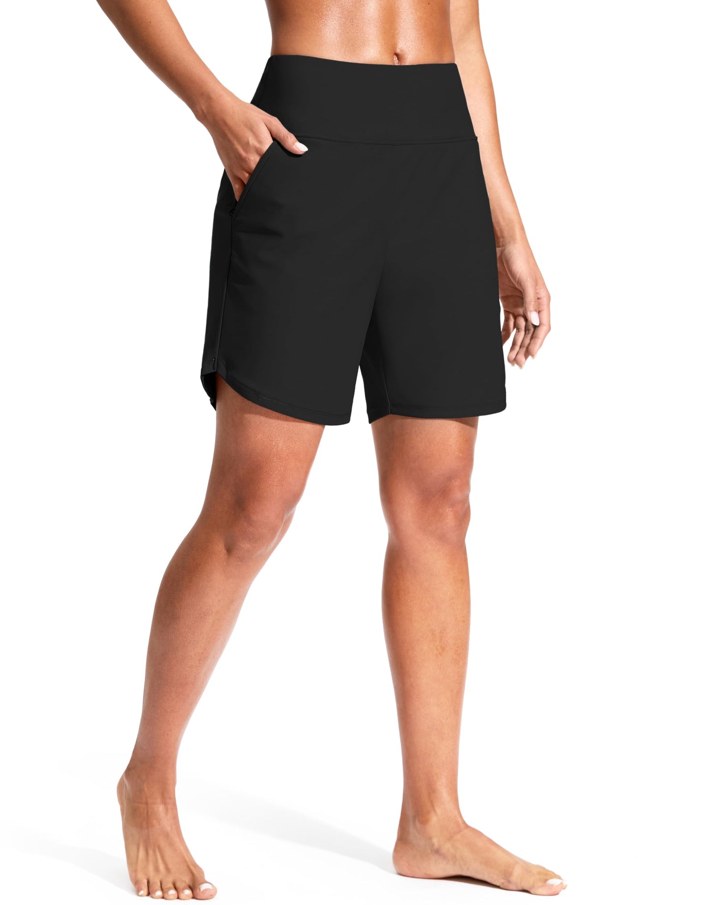 G Gradual Women's 7" Quick Dry Swim Board Shorts Swimming Bottoms High Waisted Beach Shorts for Women with Liner Pockets(Black,XL)