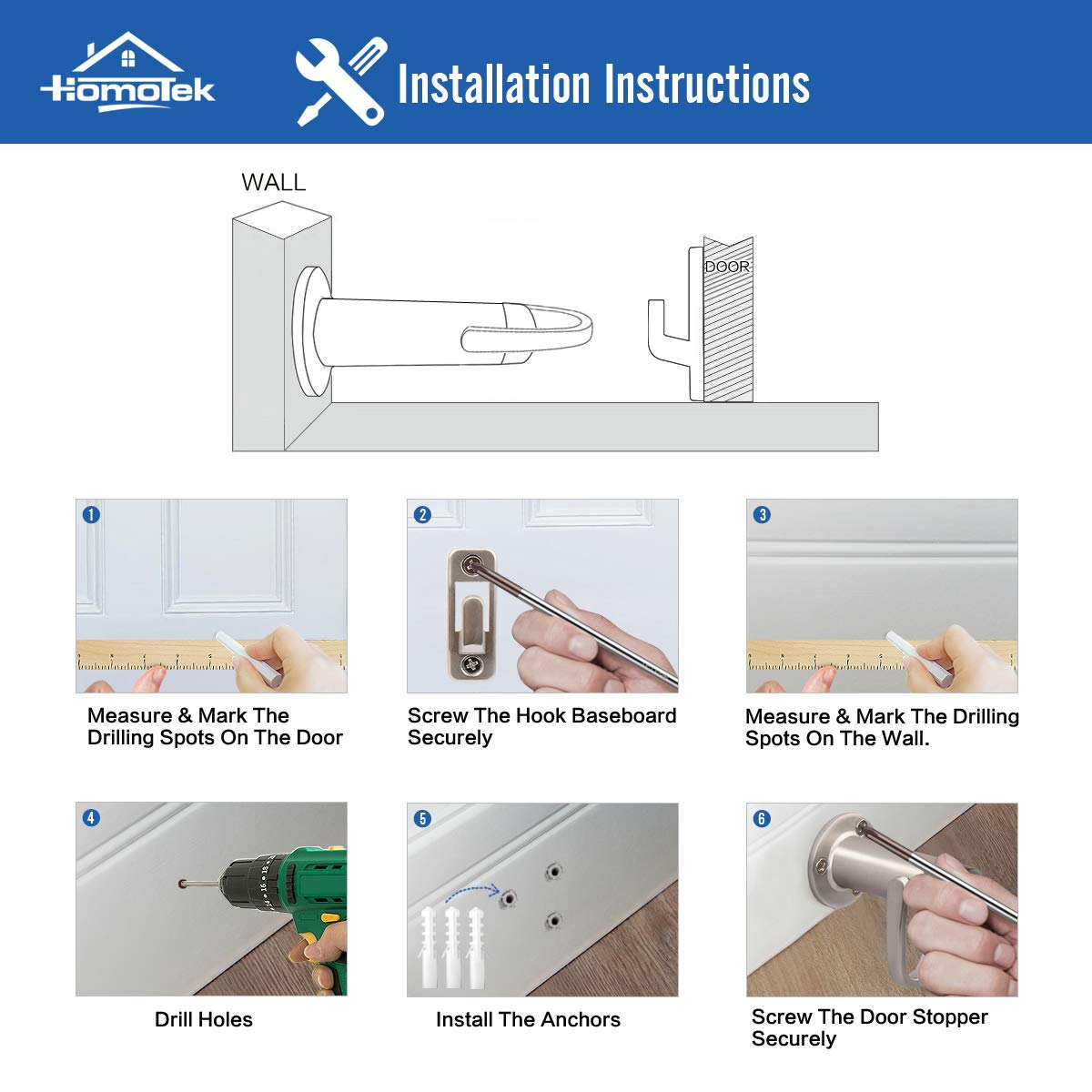 HOMOTEK 2 Pack Heavy Duty Door Stopper with Manual Hook,Door Holder Stop with Sound Dampening Rubber Bumper Wall Mounted, Black