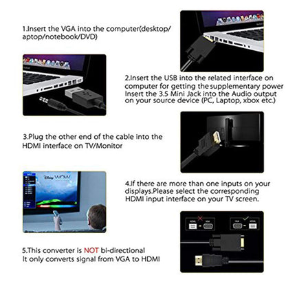 ONTEN VGA to HDMI, 1080P Adapter (Male to Female) for Computer, Desktop, Laptop, PC, Monitor, Projector, HDTV with Audio Cable and USB Cable (1 Pcs)