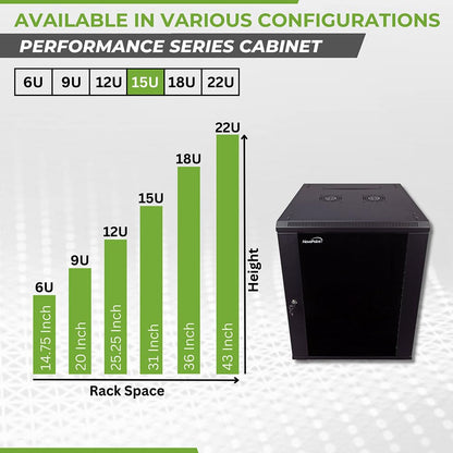 NavePoint 15U Server Cabinet Wall Mount Rack Enclosure with Caster Wheels, 2 Fans, Locking Glass Door, Removable Side Panels – 15U Network Cabinet 23.6” Deep, 19” Server Rack for IT Equipment