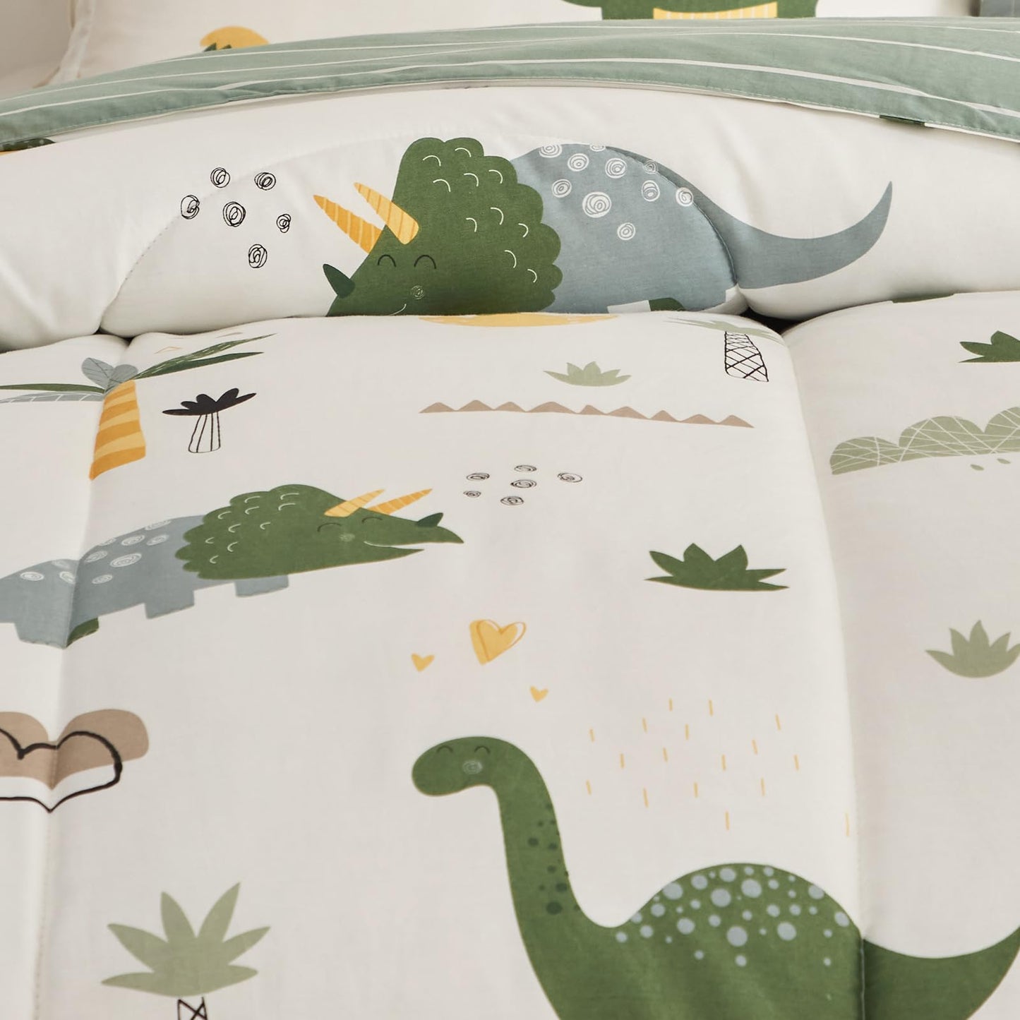 Joyreap 4 Piece Dinosaur Toddler Bedding Set, Cotton Toddler Comforter Sheet Set, Green Dinosaurs Print on White Design for Kids Boys n Girls