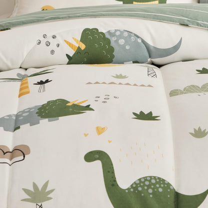 Joyreap 4 Piece Dinosaur Toddler Bedding Set, Cotton Toddler Comforter Sheet Set, Green Dinosaurs Print on White Design for Kids Boys n Girls