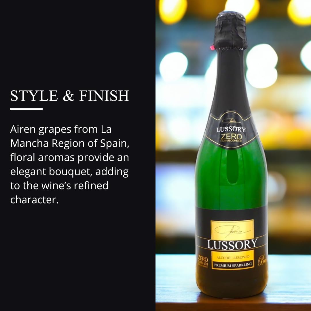 Lussory Premium Sparkling Brut Dealcoholized 0.0% Non Alcoholic Wine Bubbly From Spain, Low Calories, Low Sugar, Halal (750ml, 1 Bottle)