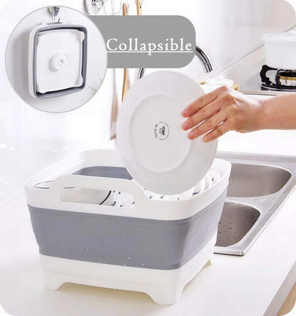 Leemeimei 9L (2.4Gal) Dish Basin Collapsible with Drain Plug Carry Handles,Kitchen Storage Tray Dish Wash Basin, Portable Dish Tub, Foldable Dishpan for Camping,RV,Gray