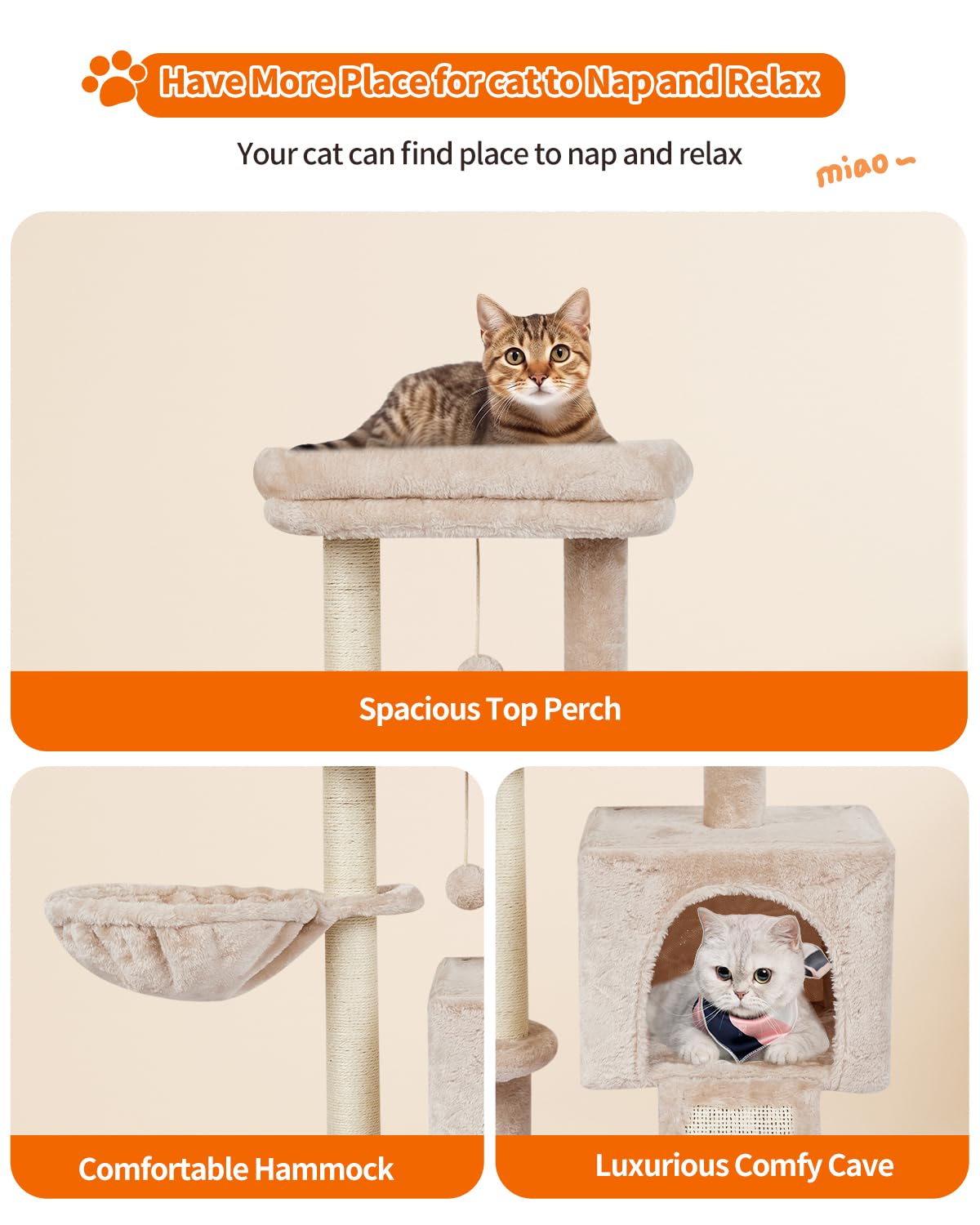 FISH&NAP Cute Cat Tree Kitten Cat Tower for Indoor Cat Condo Sisal Scratching Posts with Jump Platform Cat Furniture Activity Center Play House Beige