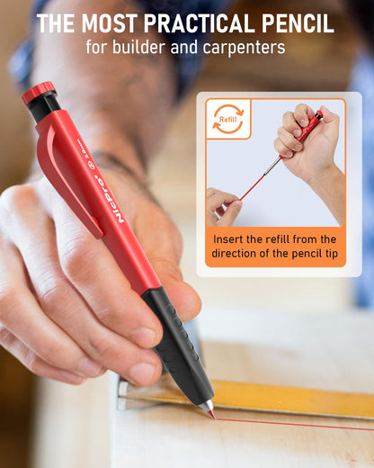 Nicpro 2 Pack Carpenter Pencil Set with Sharpener & Finger Grip, Mechanical Woodworking Pencils with 26 Refills (Red, Black, Yellow), Deep Hole Marker Heavy Duty Construction Pencils - With Case