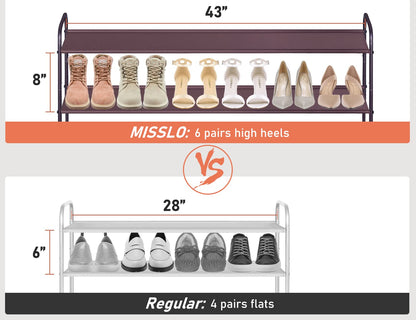MISSLO 4 Tier Long Shoe Organizer for Closet Shoe Rack for Bedroom Closet Floor Shoe Shelf for Entryway Storage Stackable Wide Shoe Shelf Stores 30 Pairs of Men Sneakers, Brown