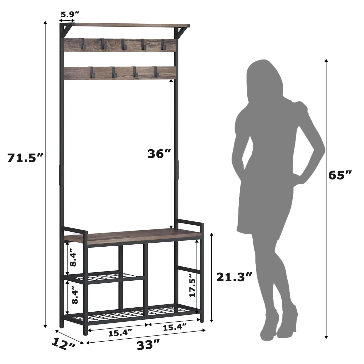 HOMEKOKO Coat Rack Shoe Bench, Hall Tree Entryway Bench with Storage, Wood Look Accent Furniture with Metal Frame, 3-in-1 Design (Dark Brown)