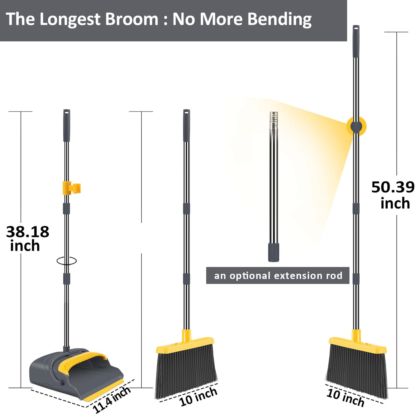 kelamayi Upgrade Broom and Dustpan Set, Broom with Dustpan Combo Set, Self-Cleaning with Dustpan Teeth, Indoor&Outdoor Sweeping, Stand Up Broom and Dustpan (Gray&Yellow)