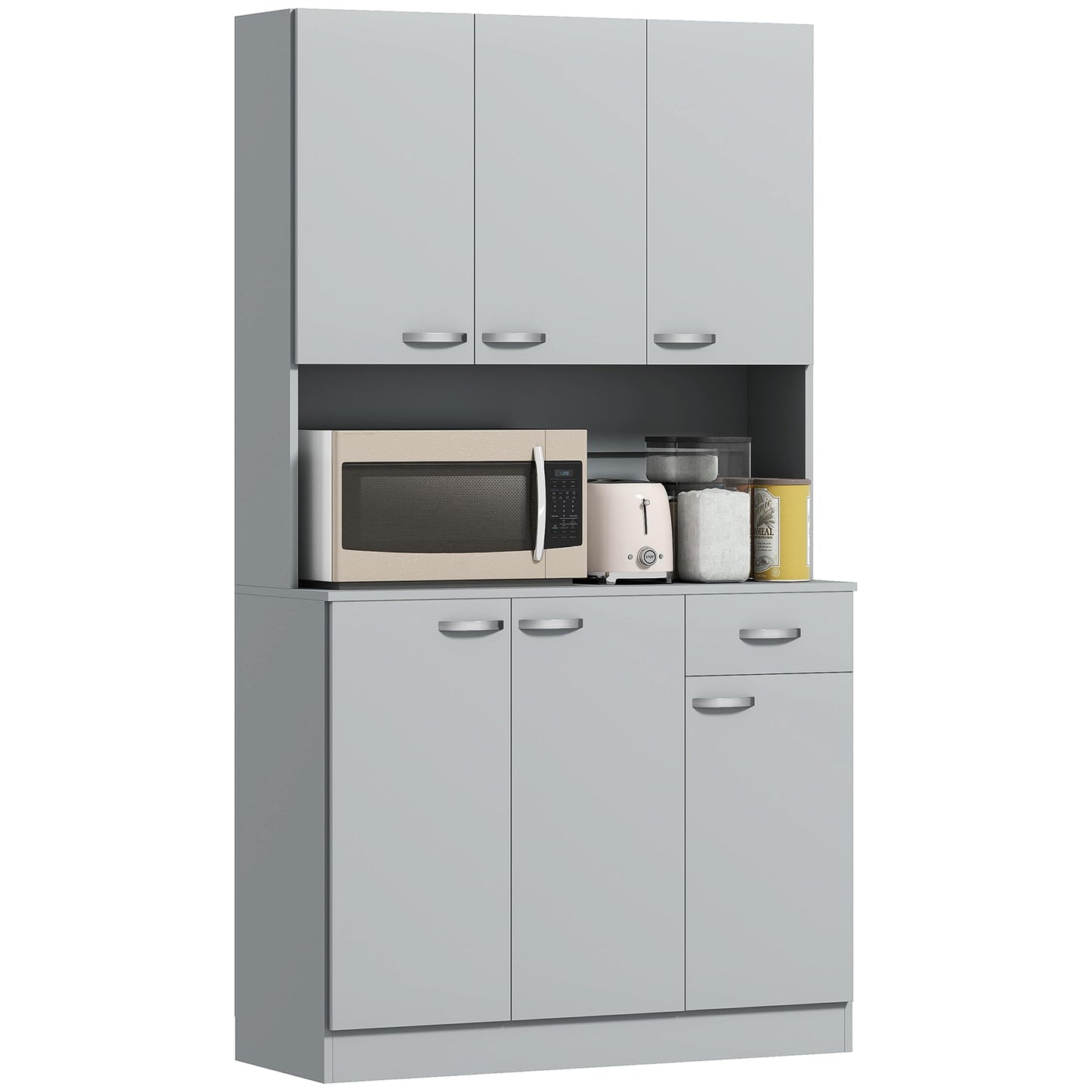 HOMCOM 71" Kitchen Pantry Cabinet, Tall Storage Cabinet with Microwave Stand, Modern Kitchen Hutch with Countertop, 6 Doors, Storage Drawer, 3 Adjustable Shelves for Living Room, Dining Room, Gray