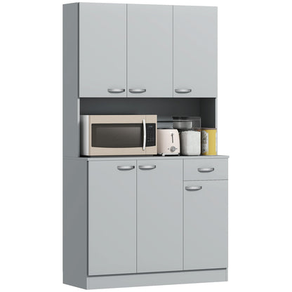 HOMCOM 71" Kitchen Pantry Cabinet, Tall Storage Cabinet with Microwave Stand, Modern Kitchen Hutch with Countertop, 6 Doors, Storage Drawer, 3 Adjustable Shelves for Living Room, Dining Room, Gray