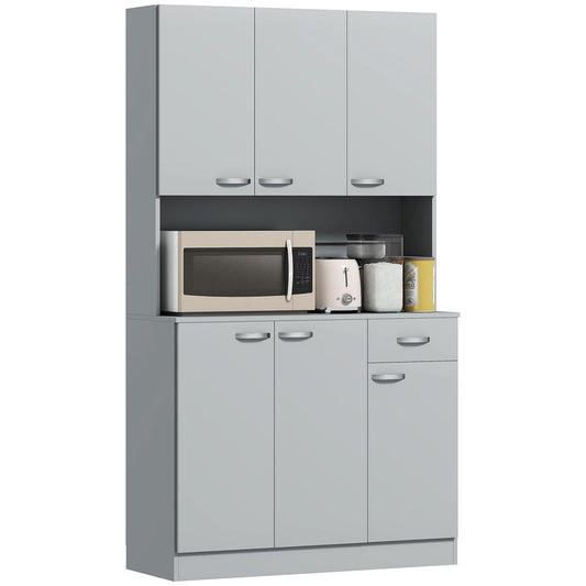 HOMCOM 71" Kitchen Pantry Cabinet, Tall Storage Cabinet with Microwave Stand, Modern Kitchen Hutch with Countertop, 6 Doors, Storage Drawer, 3 Adjustable Shelves for Living Room, Dining Room, Gray