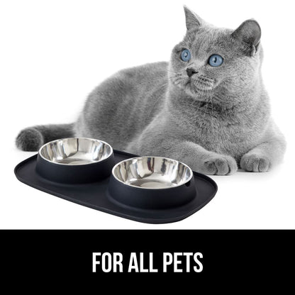 GORILLA GRIP Feeding Mat Set, 4 Cup, Patent Pending 100% Waterproof BPA Free Silicone, Stainless Steel Cat and Dog Bowls, Slip Resistant, High Edges Catch Water Food, US Designed Pet Accessories Black