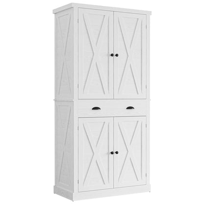 IRONCK Kitchen Pantry Storage Cabinet 72.6" H, with Barn Doors, Drawer, 4 Adjustable Shelves, Freestanding Cupboard, Laundry, White