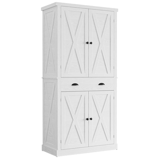 IRONCK Kitchen Pantry Storage Cabinet 72.6" H, with Barn Doors, Drawer, 4 Adjustable Shelves, Freestanding Cupboard, Laundry, White