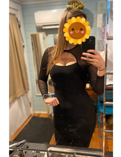 Maketina Women Midi Length Cut Out Keyhole Party Bodycon Bandage Dress with Transparent Long Sleeves Black S