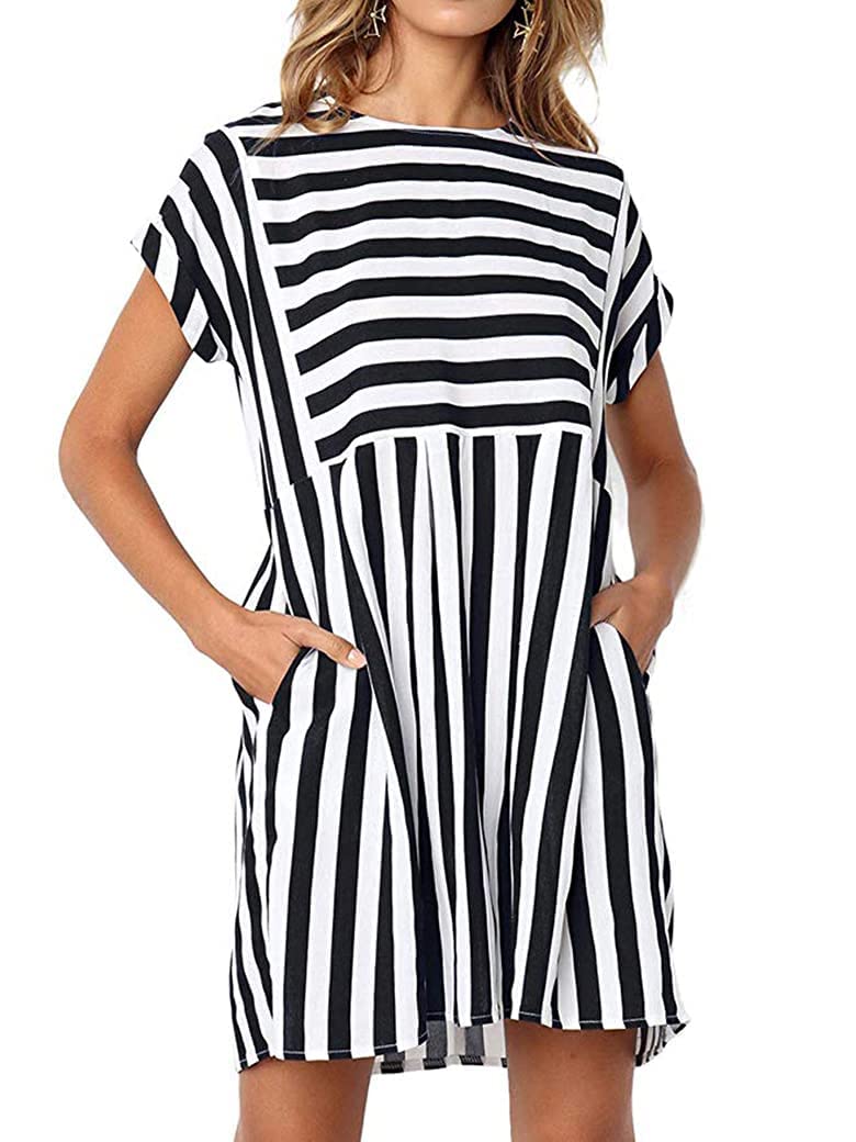 Naggoo Striped Dresses for Women,Summer Flowy Badydoll Cute Dress Short Sleeve Mini T-Shirt Dresses Black M