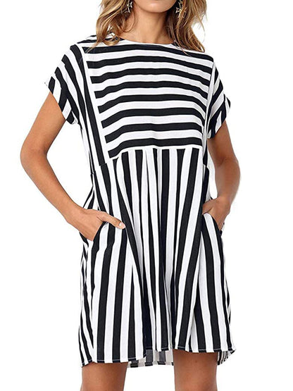 Naggoo Striped Dresses for Women,Summer Flowy Badydoll Cute Dress Short Sleeve Mini T-Shirt Dresses Black M