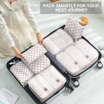 8 Set Packing Cubes for Suitcases, Packing Cubes with Shoe, Cosmetics, Clothing, Accessories Bags for Travel Luggage Organizer Women Men(Light Pink Checkered)