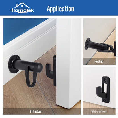 HOMOTEK 2 Pack Heavy Duty Door Stopper with Manual Hook,Door Holder Stop with Sound Dampening Rubber Bumper Wall Mounted, Black