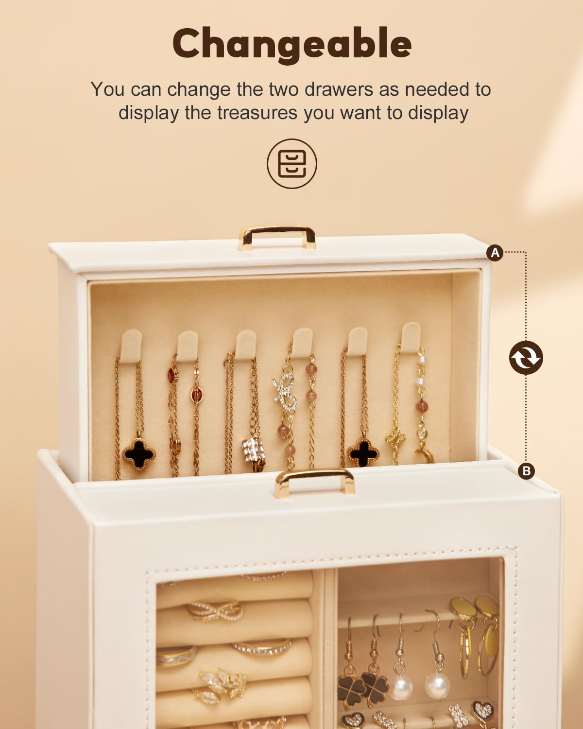 Homde Jewelry Organizer Girls Women Jewelry Box for Necklaces Rings Earrings Gift Bracelets Storage Case (White + Gold)