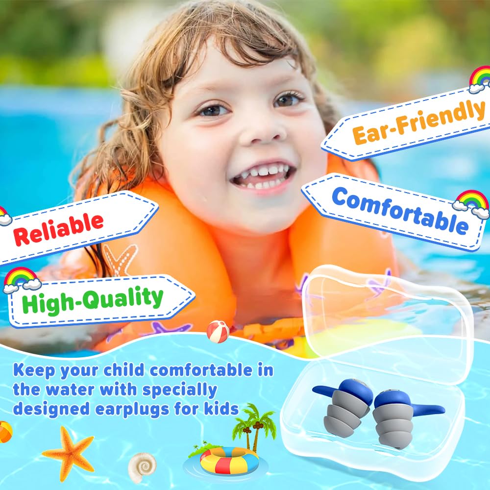 Waterproof Swimming Ear Plugs for Kids - 2 Pairs of Reusable Soft Silicone Swim Earplugs,Ear Protection for Children (4-12 Years Old) - Ideal for Surfing, Diving, Pool, Showering, and Water Sports