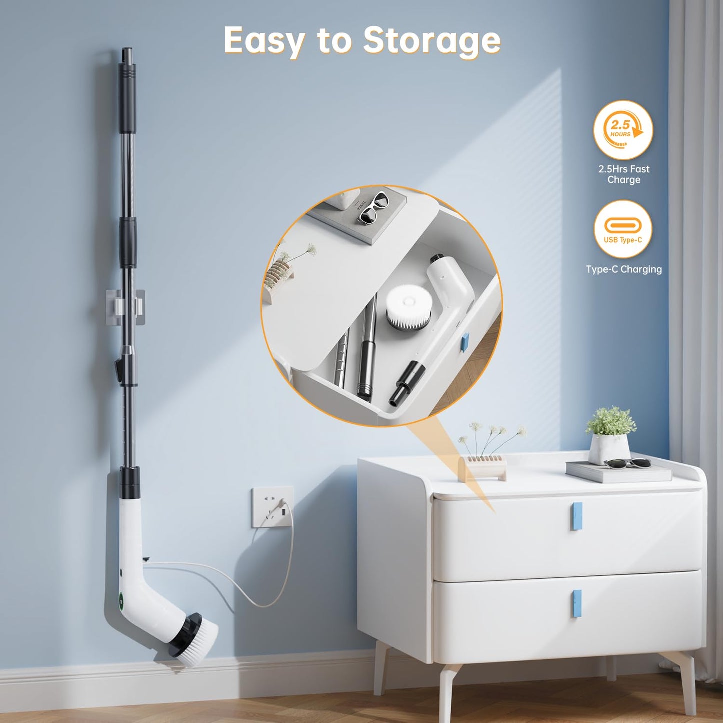 PUFTEM Electric Spin Scrubber, Cordless Shower Scrubber with 8 Scrub Brush, 2 Speed with Adjustable Extension Handle, Battery Level Display, Power Scrubber for Bathroom Bathtub Tile Floor, Black