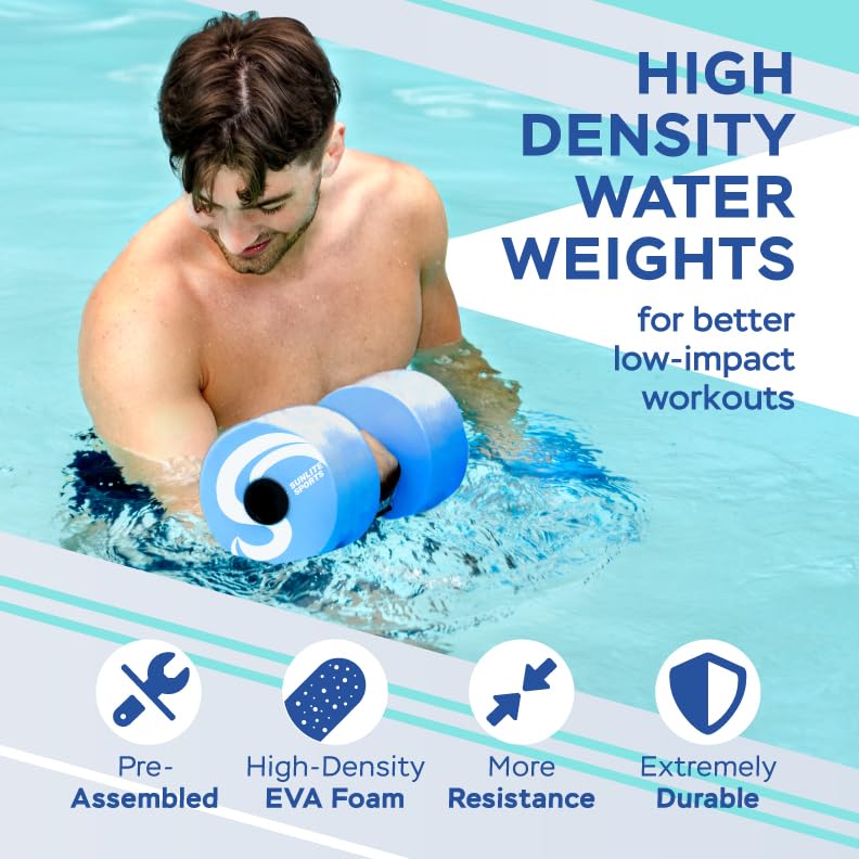 Sunlite Sports Water Weights Pool Exercise Dumbbells, Water Aerobic Equipment, High-Density EVA-Foam Dumbbell with Handle Strip, Aqua Therapy, Pool Fitness Exercise Set of 2