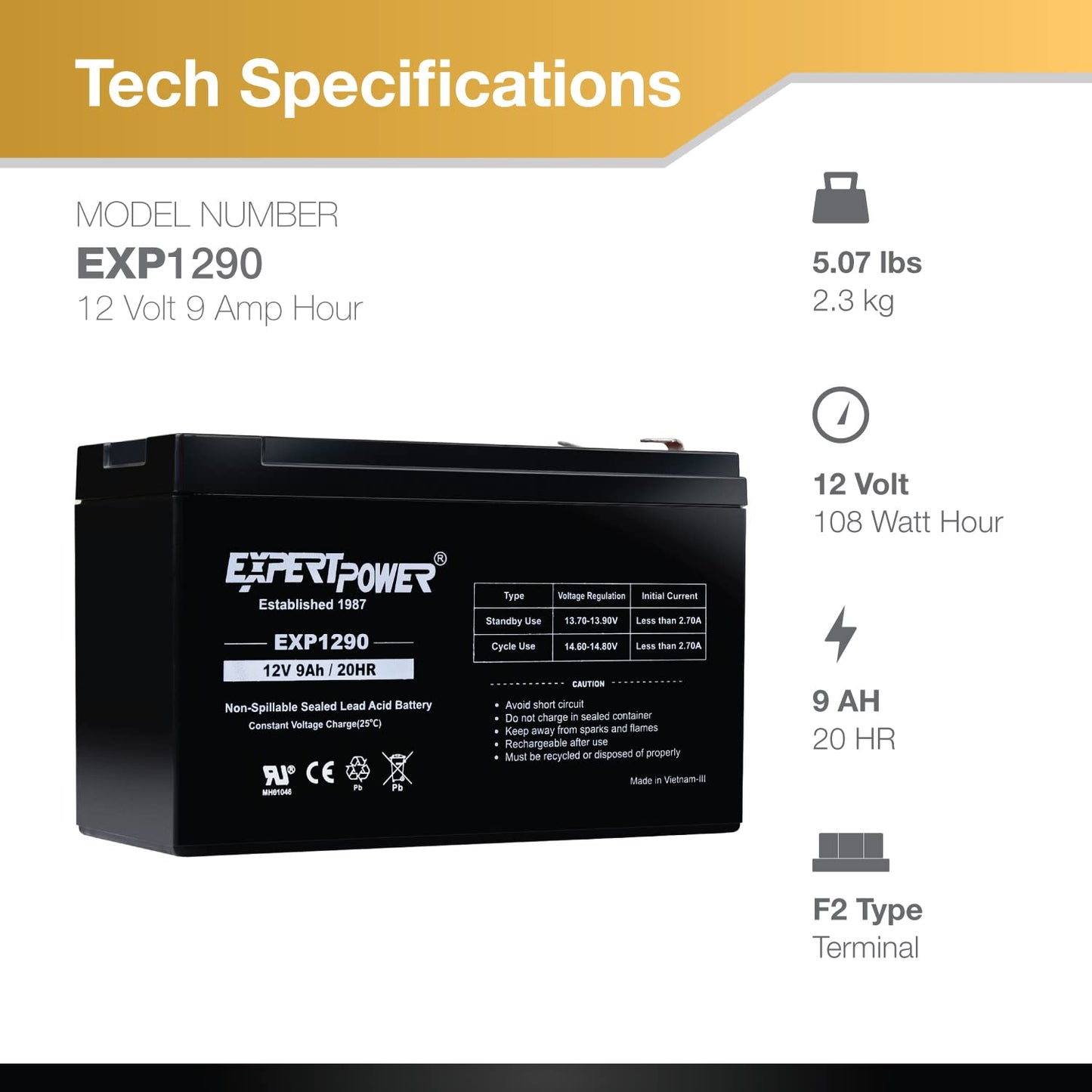 ExpertPower 12v 9ah Sealed Lead Acid Battery with F2 Terminals (.250")/2 Pack