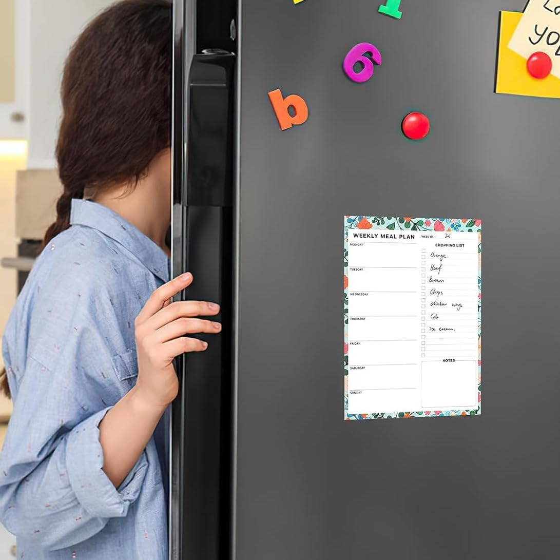 60 Sheet Meal Planner for Fridge, Magnetic Weekly Meal Planner & Grocery List with Tear-off Shopping List for Meal Prep, 7x10''-Flower Design