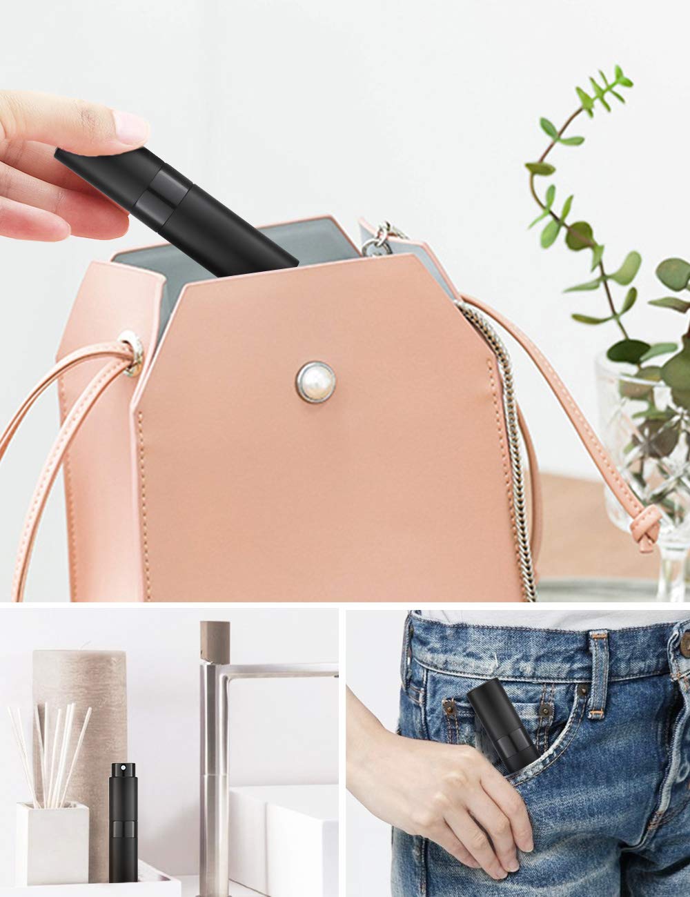 LISAPACK 8ML Atomizer Perfume Spray Bottle for Travel (3 PCS) Empty Cologne Dispenser, Portable Sprayer (Black)