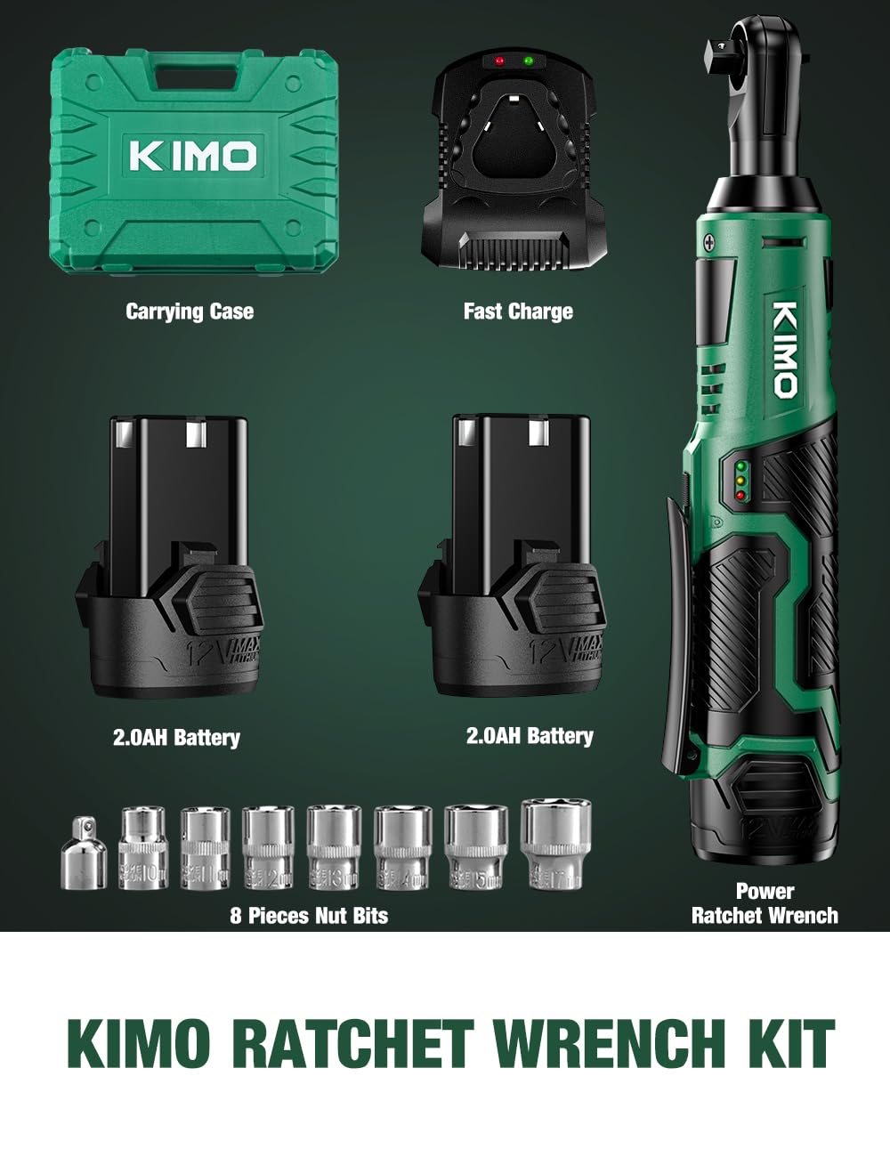 KIMO Cordless Electric Ratchet Wrench Set, 40 Ft-lbs, 400 RPM, 12V Cordless Ratchet Wrench 3/8" w/ 60-Min Charger, 7 Sockets, 1/4" adapter, 2-Pack 2000mAh Lithium-Ion Batteries, Variable Speed Trigger