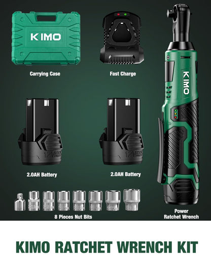 KIMO Cordless Electric Ratchet Wrench Set, 40 Ft-lbs, 400 RPM, 12V Cordless Ratchet Wrench 3/8" w/ 60-Min Charger, 7 Sockets, 1/4" adapter, 2-Pack 2000mAh Lithium-Ion Batteries, Variable Speed Trigger
