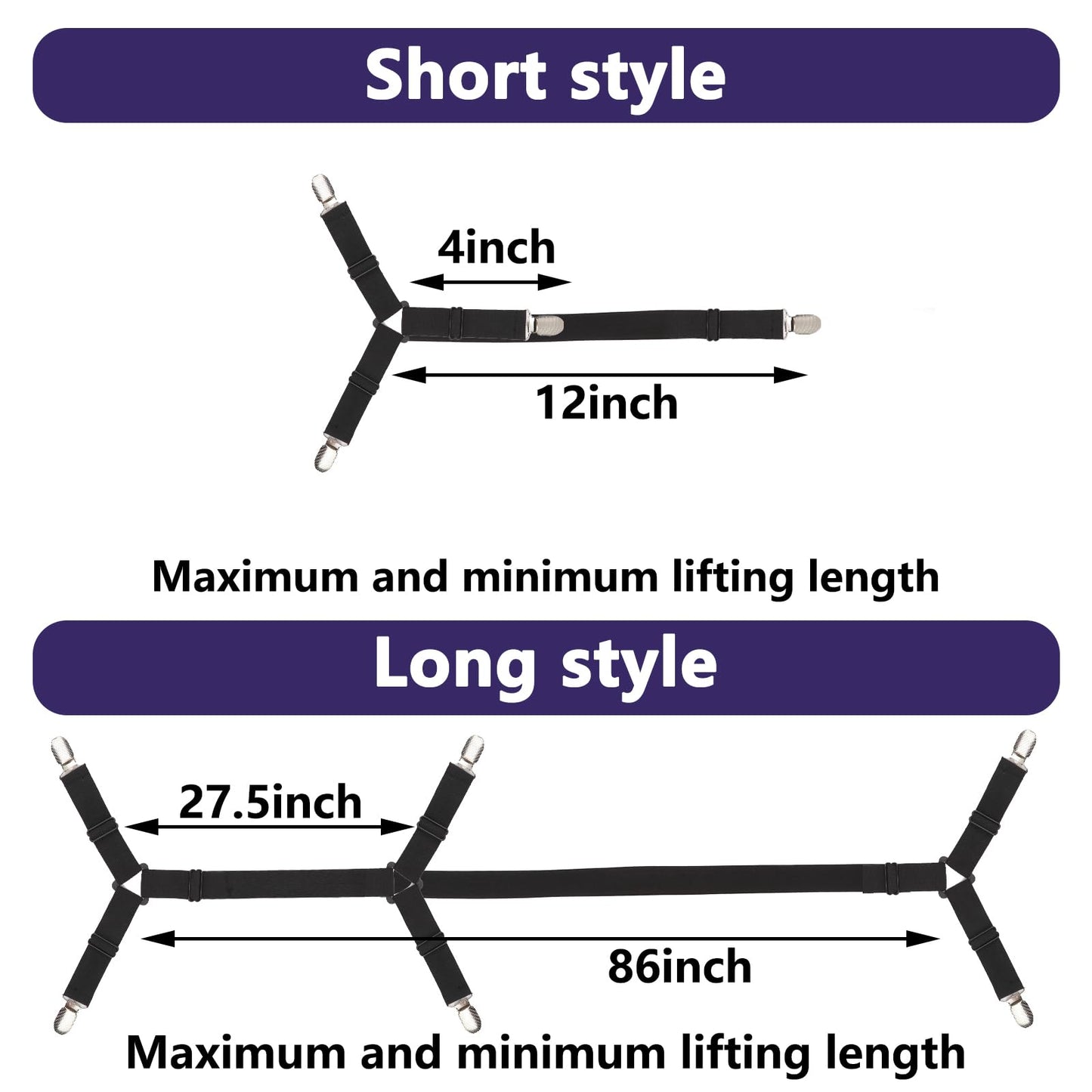 Luyena Bed Sheet Straps,6 PCS Secure and Fitted Sheet Straps for Full Size Bed,Adjustable Sheet Clips Elastic Fasteners Holders for Corners,Enhance Your Sleeping Experience(Black)