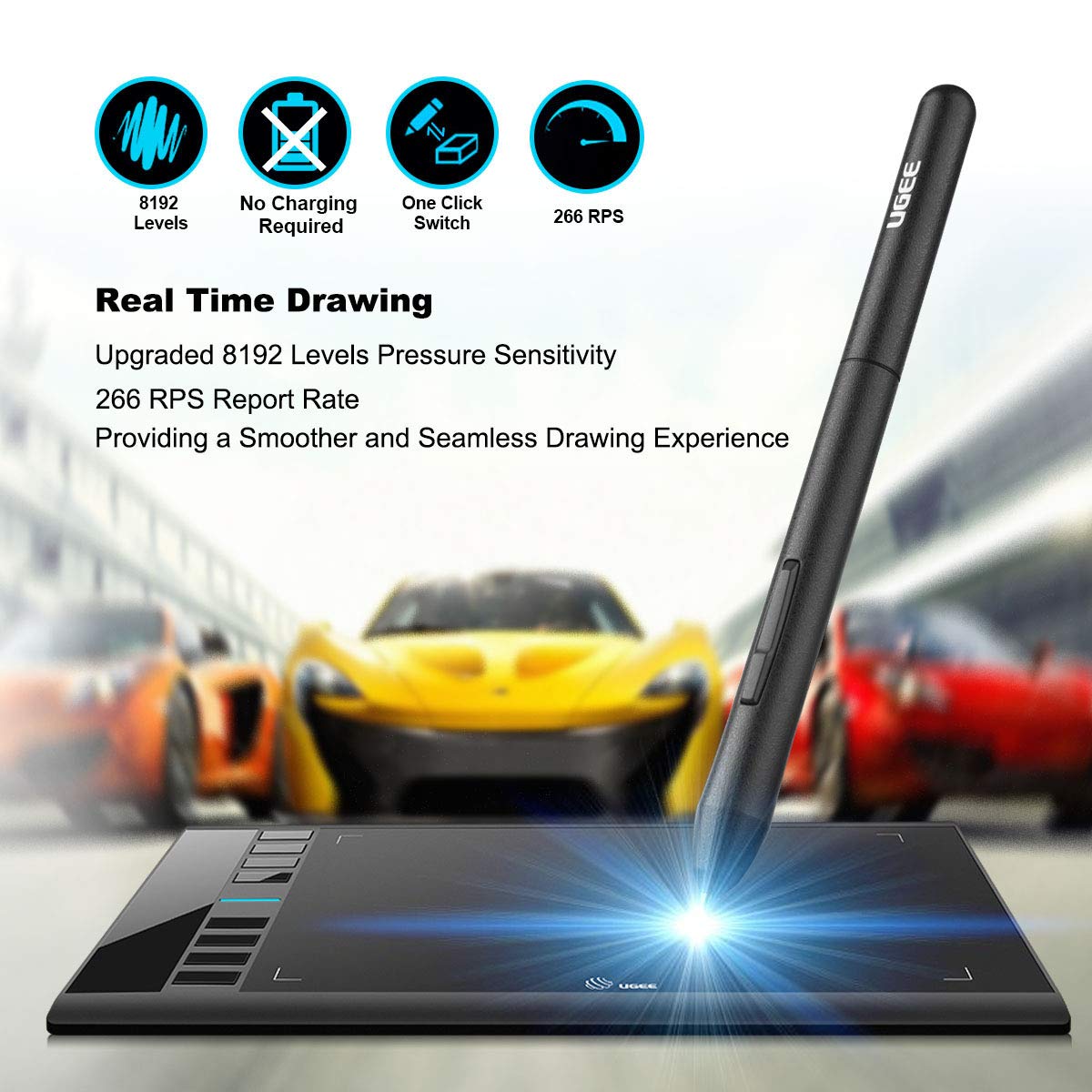 Graphics Drawing Tablet, UGEE M708 10 x 6 inch Large Drawing Tablet with 8 Hot Keys, Passive Stylus of 8192 Levels Pressure, UGEE M708 Graphics Tablet for Paint, Design, Art Creation Sketch Black