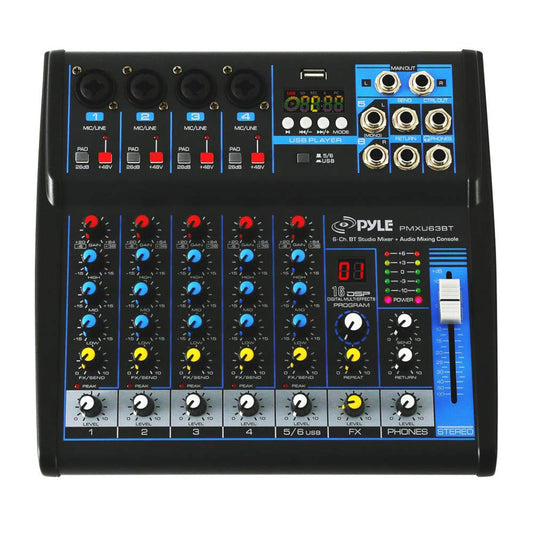 Pyle 6-Channel Professional Audio Mixer - USB - Bluetooth - 48V Phantom Power - Digital MP3 Input - FX 16-Bit DSP - Desk System Interface - PMXU63BT