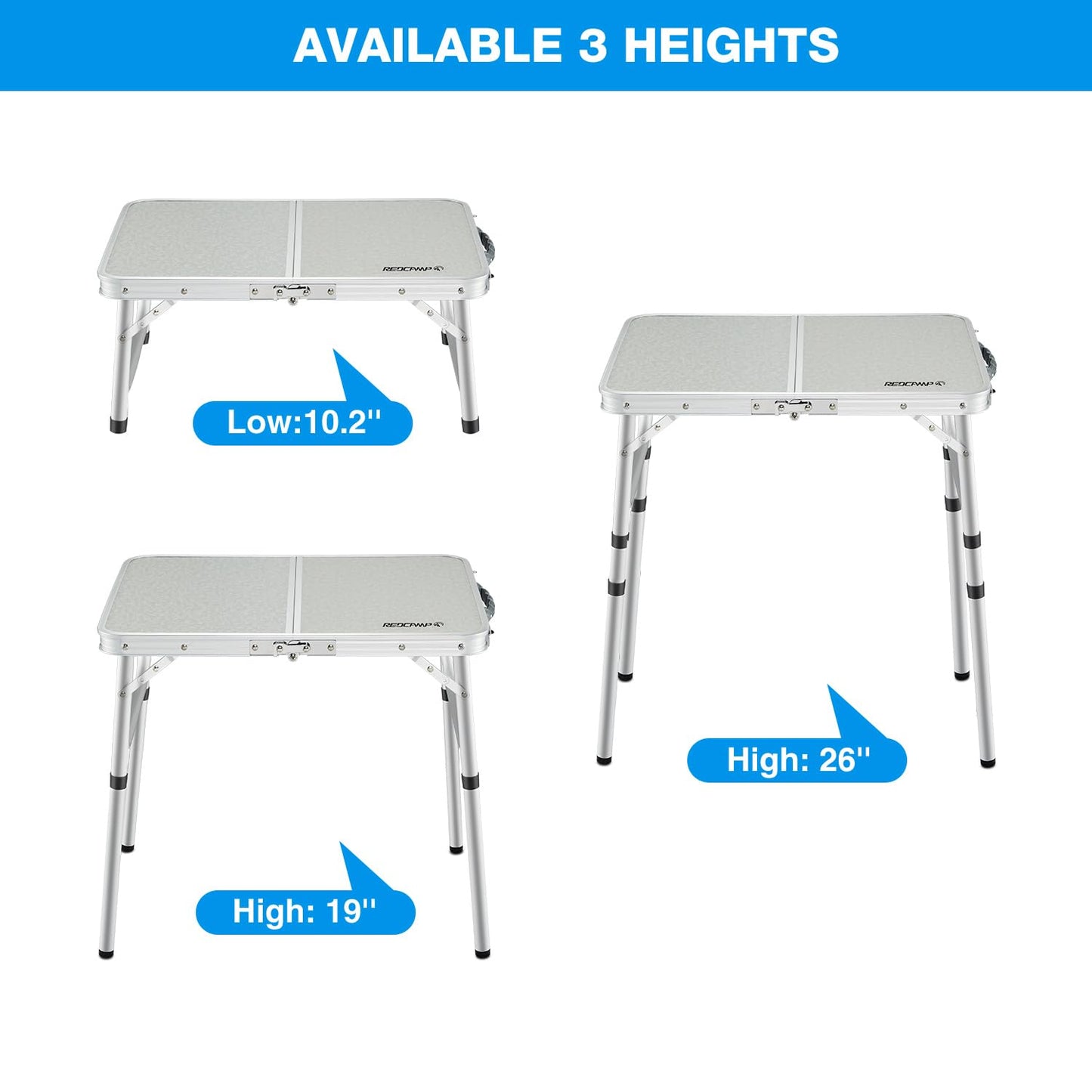 REDCAMP Small Folding Camping Table 2ft, 3 Heights Portable Outdoor Folding Table Aluminum Camp Table Adjustable Height Lightweight for Picnic Cooking Beach