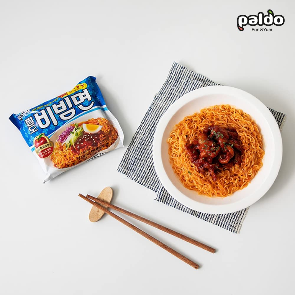 Paldo Fun & Yum Bibim Men Instant Cold Noodles, Pack of 5, Brothless Cold Ramen with Sweet & Spicy Seasoning Sauce, Oriental Style Korean Ramyun, Soupless K-Food, 130g x 5