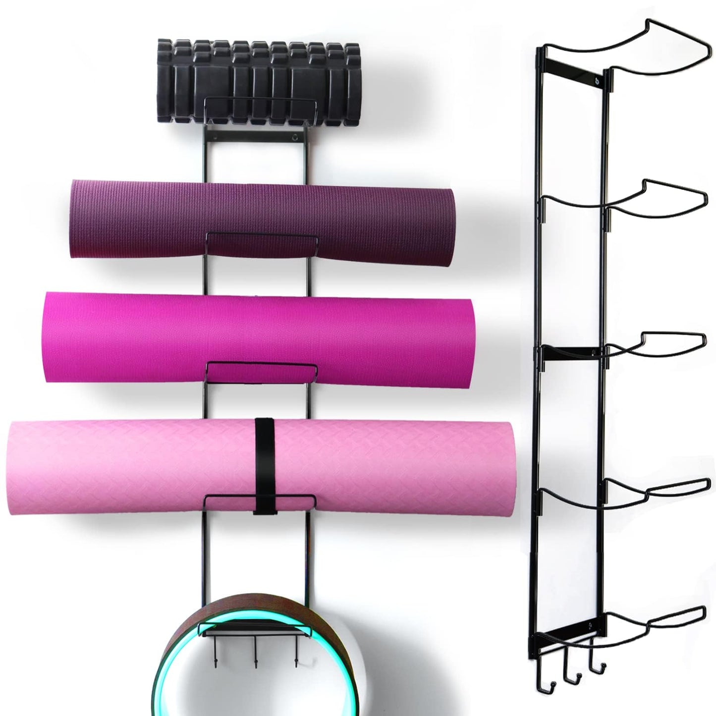 MRZZATA 5-Tiers Yoga Mat Holder Wall Mount, Metal Storage Rack for Mats/Wheels, Foam Roller and Block, Wall Rack with 3-Hooks for Hanging Stretching Strap, Resistance Bands, Yoga Accessories