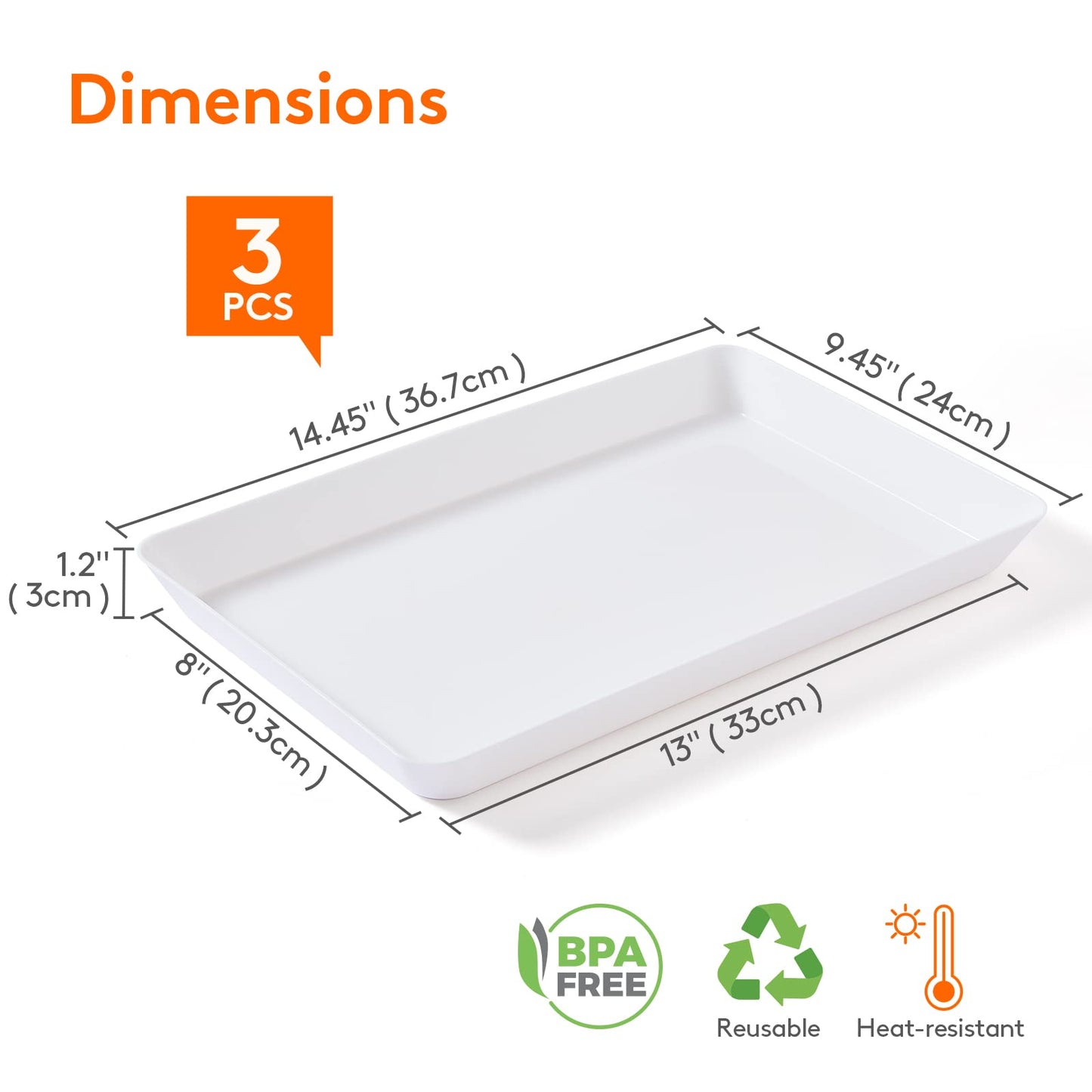 Lifewit Plastic Serving Tray for Party Supplies, 15" x 10" White Trays for Serving Food, Reusable Large Platter for Buffet, Fruit, Dessert, Snack, Veggie, Kitchen and Outdoor Use, Rectangle, 3 Pcs