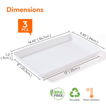 Lifewit Plastic Serving Tray for Party Supplies, 15" x 10" White Trays for Serving Food, Reusable Large Platter for Buffet, Fruit, Dessert, Snack, Veggie, Kitchen and Outdoor Use, Rectangle, 3 Pcs