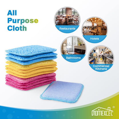 HOMEXCEL 12 Pack Scrub & Wipe Cloths, Dual-Sided Sponges for Kitchen, All-Purpose Cloth for Dishes, Pots, Pans, Non-Stick Cookware, Countertops (Red, Yellow, Blue)