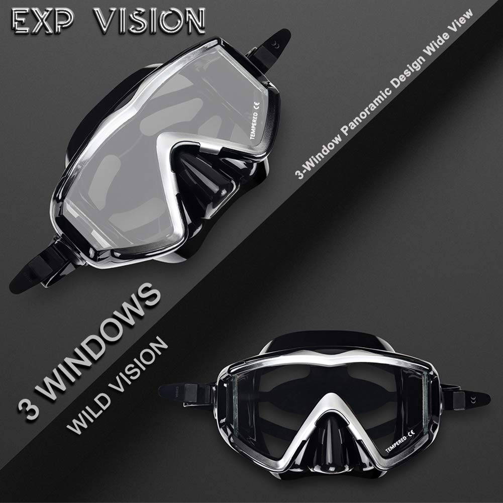 Adult Pano 3 Window Scuba Diving Mask, Tempered Glass Snorkel Mask Anti-Fog Swim Mask No Leakage Swim Goggles with Nose Cover Snorkeling Gear for Snorkeling, Freediving, Swimming (Black)