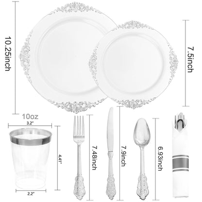 Hioasis 210pcs White and Silver Plastic Plates - Elegant Disposable Dinnerware Set Suitable for 30 Guests Include 10.25 Dinner & 7.5 Dessert Plates, Pre Rolled Silverware Set, Cups for Party & Wedding