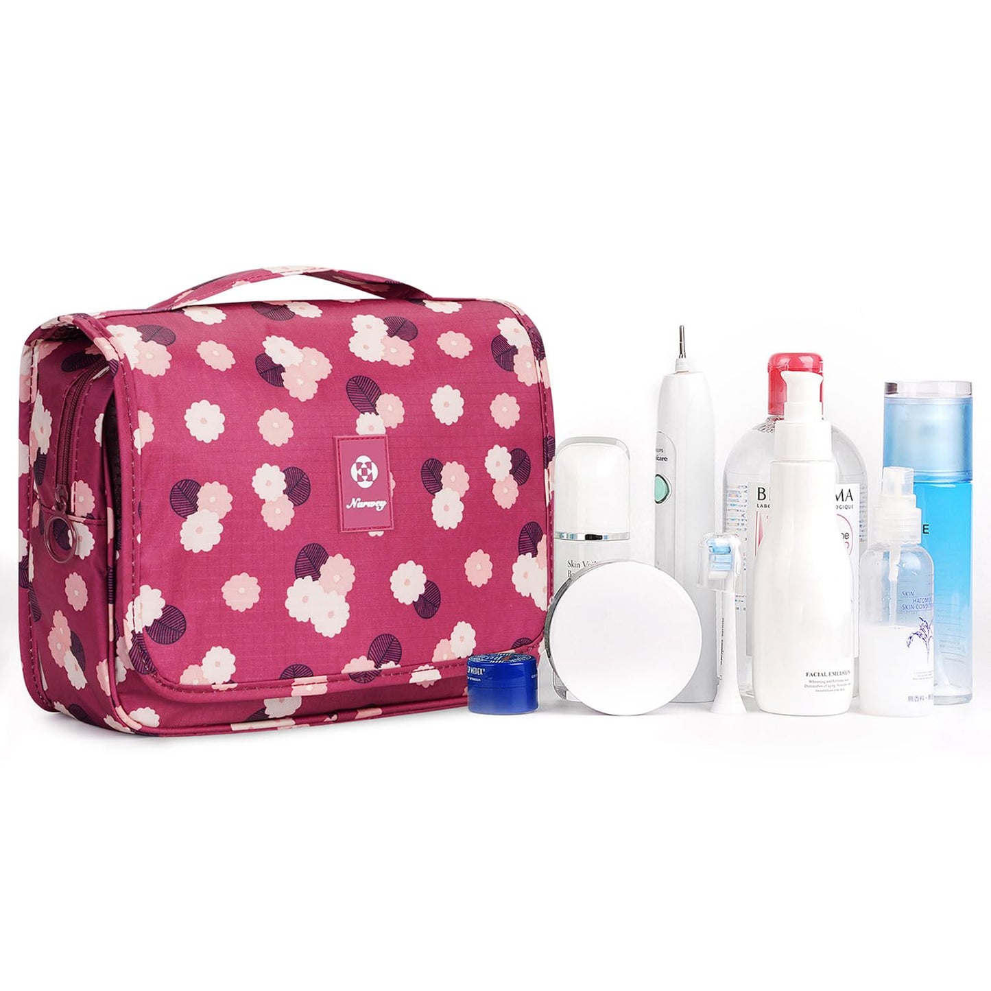 Narwey Hanging Toiletry Bag for Women Travel Makeup Bag Organizer Toiletries Bag for Travel Size Cosmetics Essentials Accessories (Red Flower)