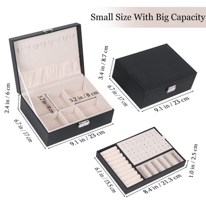Jewelry Box for Women Girls, 2 Layers Jewelry Organizer Container with Lock, PU Leather Storage Case with Removable Tray, Jewelry Display Box for Necklaces Earrings Bracelets Rings Watches - Black
